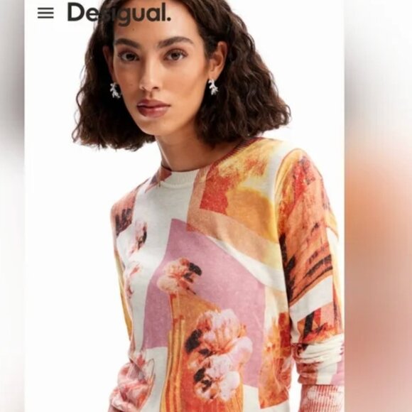 DESIGUAL Long-Sleeve Pullover•Fine Gauge Knit•Linen Blend•Floral Collage•Medium• - Picture 3 of 8